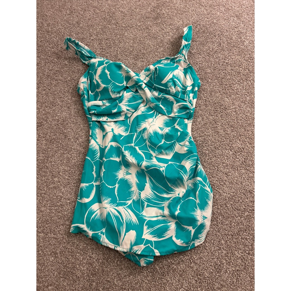 Croft‎ & Barrow Swim Dress Womens 12 Teal Floral Excellent Ruched One Piece - Picture 2 of 10